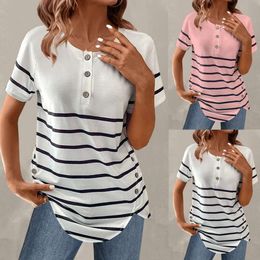 womens designer clothing Summer New Button Round Neck Stripe Style Raglan Short Sleeve T shirt Womens Wear printed shirts CXYN