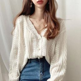 Women's Jackets 2024 Summer Harajuku Retro Aesthetic Office Lady Coat Women Hollow Out Button Simplicity Knitting V Neck Long Sleeve Tops