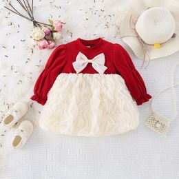 Girl Dresses Spring And Autumn Girls' Dress Baby Bow Wave Mesh Spliced Long Sleeved Fluffy Skirt Children's