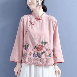 Ethnic Clothing 2024 Autumn Cotton Linen Top Women's Long Sleeve Embroidery Stand Collar Disc Buckle Chinese Style Elegant Cheongsam Blouse