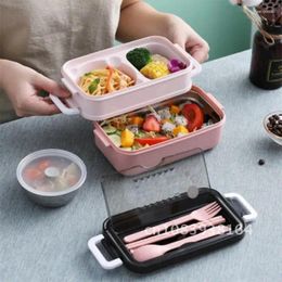 Dinnerware Sets Microwave Stainless Steel Bento Box 2 Layers Lunch For Kids Worker Heating Container With Tableware Storage