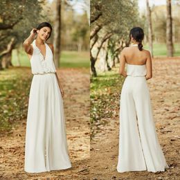 2020 Elegant Wedding Jumpsuit Halter A Line Sexy Back Ankle Length Boho Wedding Dress Cheap Bridal Pants Suit Robes De Mariee 222n