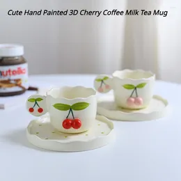 Mugs Cute Hand Painted 3D Cherry Coffee Milk Tea Mug And Saucers Pink Red Ceramic Fruit Cup With Saucer Set Tableware Gift