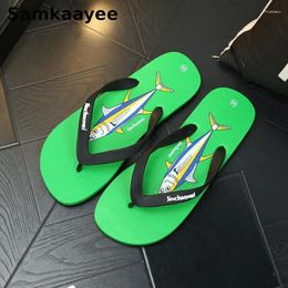 Slippers Size 40-44 Mens Summer Male Fish Print Flip Flops Home Shoes Solid Slides Soft Beach Flats Non-Slip Indoor Footwear Y18