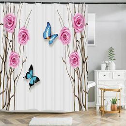 Shower Curtains Pink Flower Butterfly Printing Polyester Fabric With Hook Bathroom Bathtub Decoration Waterproof Bath Curtain