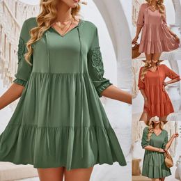 Casual Dresses Women'S Spring Summer Solid Color Waist Short Sleeve V Neck Dress