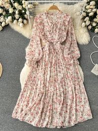 Casual Dresses French V-neck Long Sleeved High Waist Loose Floral A-line Robe Women Pleat Vacation Spring Autumn Dress Vestidos