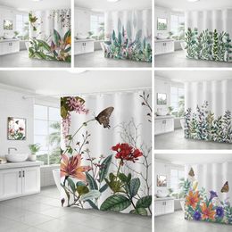 Shower Curtains Green Leaf And Flowers Waterproof Curtain Mildew Proof Polyester Privacy Screen Plant Bathroom With Hooks