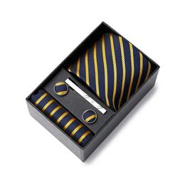 Neck Tie Set Classic Factory Sale 65 Colors Fashion Brand Silk Tie Handkerchief Cufflink Set Necktie Box Striped Dark Red New Years Day