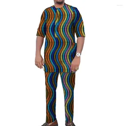 Men's Tracksuits Half Sleeve Tops With Elastic Waist Trousers Groom Suit Wax Print Africa Clothing Male Pant Sets Ball Attire