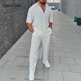 Men's Tracksuits Samlona Plus Size Mens Two Piece Sets 2024 European Style Notched Blouse And Solid Pants Suits Men Casual Beach Set