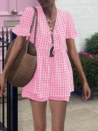 Home Clothing Women S Summer Plaid Outfits Ruffled Short Sleeve Tie-Up Front Peplum Tops With Elastic Waist Shorts Pyjamas Pjs Sets Y2K