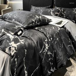 Bedding Sets Black Grey Marble Cool Feeling Ice Silk Summer Cooling Duvet Cover Set With Pillowcases Nordic Luxury Comforter 3pcs