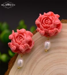 GLSEEVO Natural Fresh Water White Pearl Stud Earrings For Women Coral Powder Earrings Luxury Fine Jewelry Aretes De Mujer GE0412 21448616