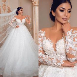 Gorgeous Sheer Long Sleeve A Line Wedding Dresses Full Lace Appliqued vestidos de novia See Through Bridal Party Gowns robes de mariee 309T