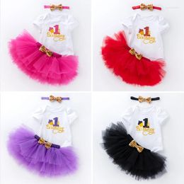 Clothing Sets Baby Girl Cotton Ruffle Short-sleeve 1st Birthday Print Romper And Tutu Mesh Skirt Headband Set For Toddler Infant Kids