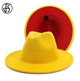 FS 2020 New Yellow Red Patchwork Wool Felt Jazz Fedora Hats Men Women Wide Brim Panama Cowboy Trilby Hat Party Elegant Cap C11236517385