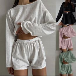 Home Clothing Women's Pajamas Set Spring Long Sleeve Tops With Shorts Sleepwear 2 Piece Loose Round Neck Wear Loungewear Pyjama Femme