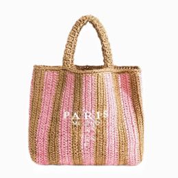 Women Fashion Striped Summer Beach Straw Knitting Shoulder Bag Hollow Out Handwoven Handbags Portable Large Capacity Casual Tote 240506