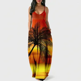 Casual Dresses Hip Hop Comfortable Summer Women Coconut Tree Scenery 3D Print Sexy Loose Slip Pocket Dress Party Long Robe