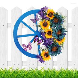 Decorative Flowers Floral Wreath 15.7 Inches Outdoor Blue Wheel Garland Door With Sunflowers Butterflies Spring Flower Decor For