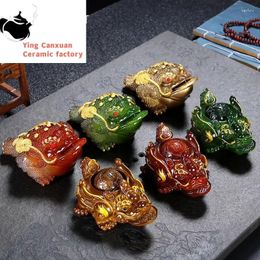 Tea Pets Retro Golden Toad Statue Resin Colour Changing Pet Lucky Figurine Ornaments Can Raise Set Decoration Accessories Gift