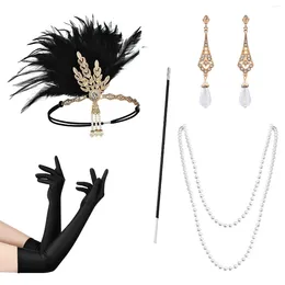 Party Supplies 1920s Makeup Ball Accessories Gatsby Golden Droplet Earrings Feather Alloy Headband Necklace Long Smoke Rod Glove Set