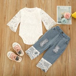 Clothing Sets 0-24M Baby Girls Fall Clothes Long Sleeve Lace Romper Suit Triangle Crotch Top Hole Jeans 2Pcs Outfit