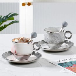 Mugs European Style Ceramic Coffee Cup Dessert Tea Set Saucer Spoon Gold Handle Coffeeware Drinking Accessories White