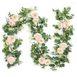 Decorative Flowers 2 Pack Eucalyptus Garland With Champagne Rose Greenery Bulk Artificial Silk Floral Leaves Vines-FS-PHFU