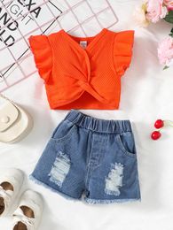 Clothing Sets Baby Girls Summer Solid Colour Flying Sleeve Lace Design V-Neck Top With Ripped Pockets Elasticated Waist Baggy Jeans