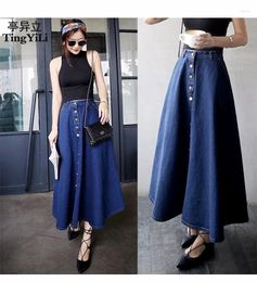 Skirts TingYiLi Button Front Long Denim Skirt Jeans Saias A Line Casual Maxi With Pockets Women Summer Style Jean