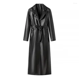 Women's Trench Coats Y2K Faux Leather Coat For Women 2024 Black Lace Up Luxury Elegant Long Outerwears Ladies Sleeve