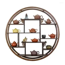 Decorative Plates Round Solid Wood Frame: Modern Chinese Style Wall Hanging Teapot Tea Storage Rack Enhances Living Room Aesthetics