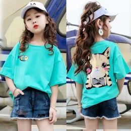 cotton girls short sleeve cat fish print Tshirt summer children clothing Korean loose half top 240510