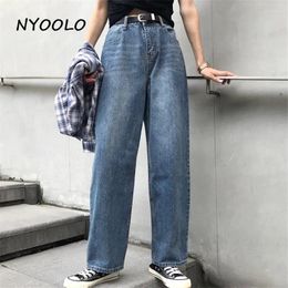 Women's Jeans NYOOLO Vintage Streetwear High Waist Bleached Washed Women Casual Loose Full Length Boyfriend Straight Denim Pants