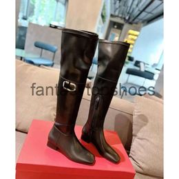 Valentines VT Valentine Boots Women's Long Over Knee Low Heel Square Headed Inner Side Zipper Gold Buckle Decoration Cowhide Upper Real Leather Sole