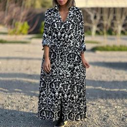 Casual Dresses Long Sleeve Dress Colourful Print Maxi With Turn-down Collar Sleeves For Women Loose Fit Ankle Length Vacation