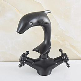 Kitchen Faucets Black Oil Rubbed Bronze Swivel Spout Dual Cross Handles Cute Animal Dolphin Style Bathroom Sink Faucet Mixer Tap Msf846