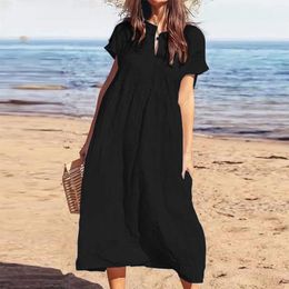 Casual Dresses Women Vintage Solid Dress 2024 Summer Elegant O Neck Short Sleeve Cotton Linen Female Loose Sundress Long