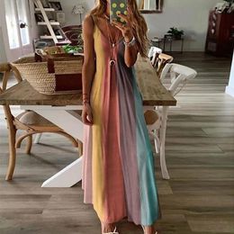 Casual Dresses Colorful Stripe Women's Dress Plus Size Loose Sleeveless Ladies Long V-Neck Maxi Summer Beach