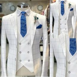 White Men Suits Check Pattern Wedding Tuxedo Formal Wear Customized Handsome Party Suit Coat Vest White Pant 267z