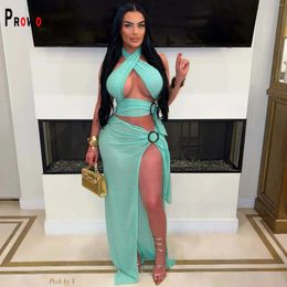 Work Dresses Prowow 2024 Design Women's Beach Outfits Green Color Sexy Two Piece Clothing Set Halter Tops Skirts Summer Female