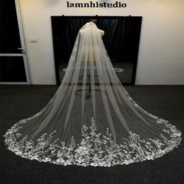 Real Image Wedding Veils Chic Three Meters Long Veils Lace Applique Crystals One Layers Cathedral Length Cheap Bridal Veil 240r