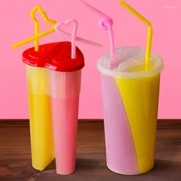 Disposable Cups Straws 8pcs High Quality Double Grid Couple Cup Party Favours Clear 700ml Large Plastic Takeaway Coffee With Lid