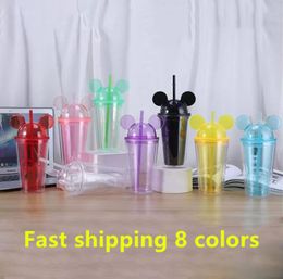 8 Colours 15oz Mouse Ear Tumbler mouse cup with Dome Lid 450ml Acrylic Cups Straws Double Walled Clear Travel Mugs Cute Child Kid W5186766