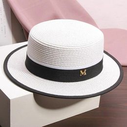 Berets Summer Outdoor M Letter Rhinestone Flat Brim Sun Hats Women's Bowler Hat Straw Cap For Travel Beach Holidays Boater