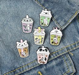 New Cartoon Bubble Tea Cup Shaped Brooches Set 6pcs Cute Animal Head Enamel Paint Badges Alloy Lapel Pin Denim Shirt Fashion Jewel6293497