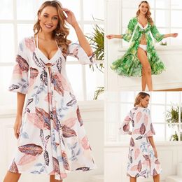 Women's Swimwear Leaves Print Bikini Cover Up Beach Woman Swimsuit Cover-Ups Bathing Suit Beachwear Sun Protection Dress Robes XX-610