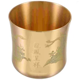 Wine Glasses Kungfu Japanese Tea Cup English Title: Gold Brass Chalice Tibetan Water Offering Bowl Dragon Phoenix Pattern Stemless